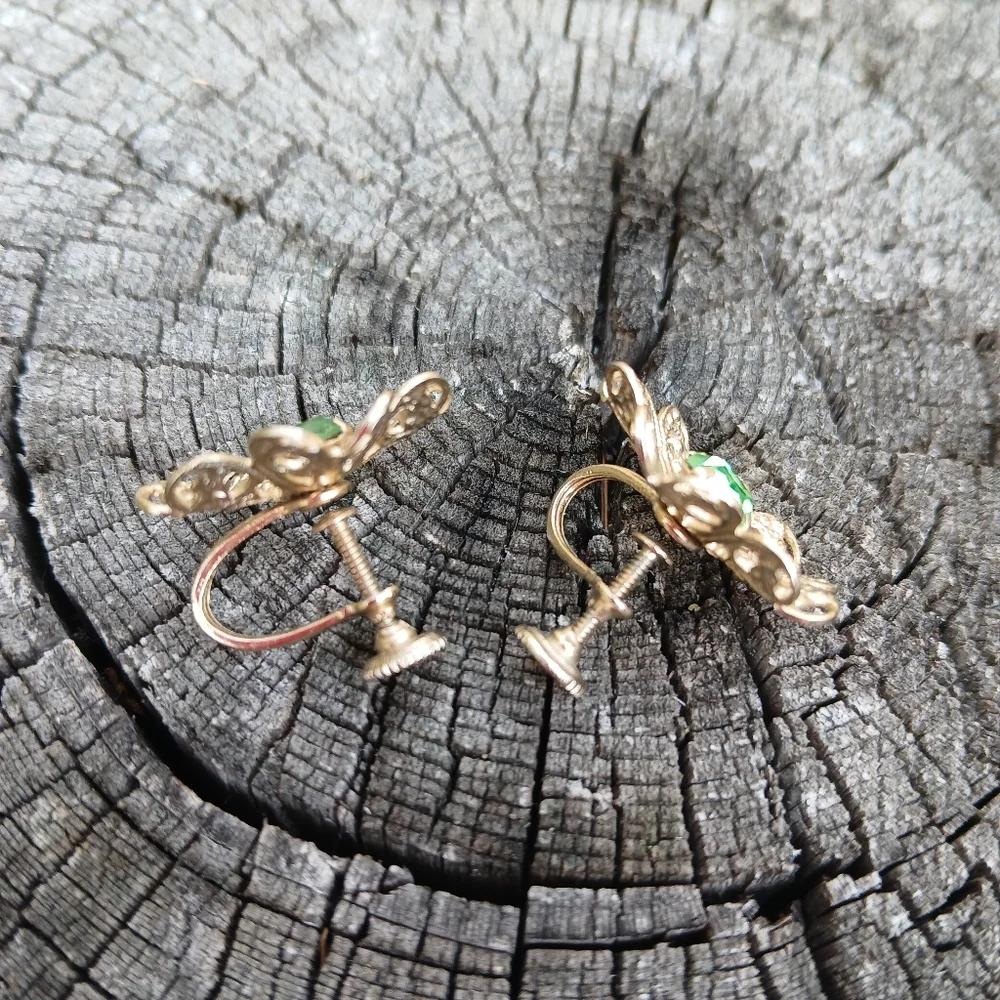 Vintage Elegant Gold Floral Earrings with Green Gem Statement Screw Back